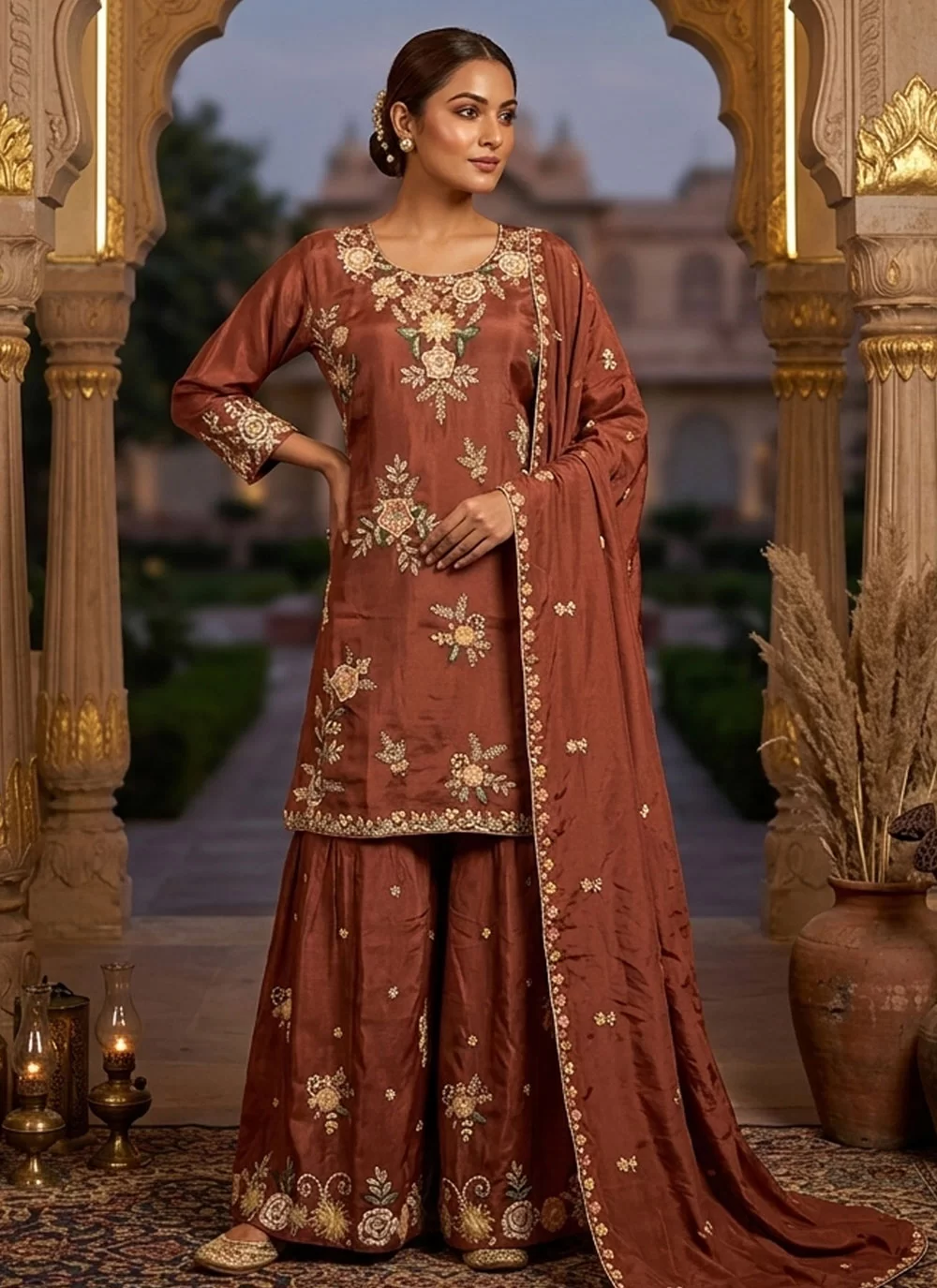 Brown Faux Crepe Embroidered Work Salwar Suit